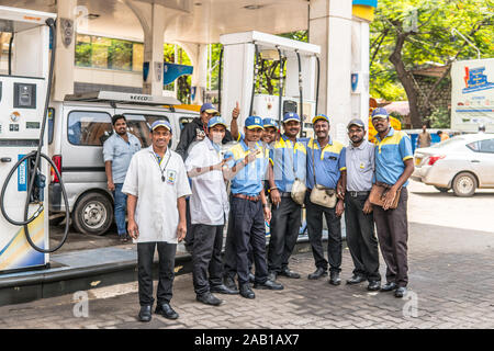 Bangalore, India, streets of Bengaluru city, local gas petrol station employees Stock Photo