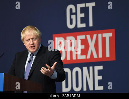 Telford. 24th Nov, 2019. British Prime Minister Boris Johnson delivers a speech at the launch of the Conservative Party election manifesto in Telford, Britain on Nov. 24, 2019. British Prime Minister Boris Johnson launched the Conservative Party's election manifesto Sunday, promising to put his 'Get Brexit Done' deal before parliament ahead of Christmas recess. Credit: Xinhua/Alamy Live News Stock Photo