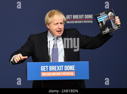 Telford. 24th Nov, 2019. British Prime Minister Boris Johnson delivers a speech at the launch of the Conservative Party election manifesto in Telford, Britain on Nov. 24, 2019. British Prime Minister Boris Johnson launched the Conservative Party's election manifesto Sunday, promising to put his 'Get Brexit Done' deal before parliament ahead of Christmas recess. Credit: Xinhua/Alamy Live News Stock Photo