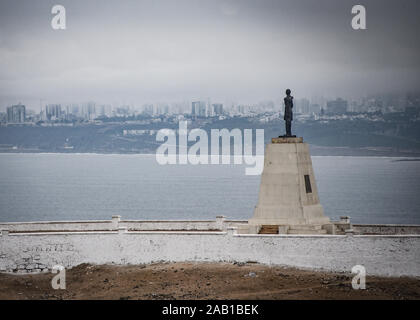 Lima, Peru - Nov 17, 2019: Statue of Peruvian Naval hero Miguel Grau overlooking Lima's Pacific Coast Stock Photo