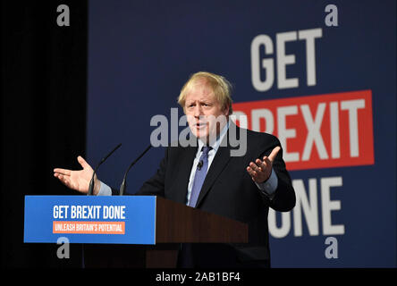 Telford. 24th Nov, 2019. British Prime Minister Boris Johnson delivers a speech at the launch of the Conservative Party election manifesto in Telford, Britain on Nov. 24, 2019. British Prime Minister Boris Johnson launched the Conservative Party's election manifesto Sunday, promising to put his 'Get Brexit Done' deal before parliament ahead of Christmas recess. Credit: Xinhua/Alamy Live News Stock Photo