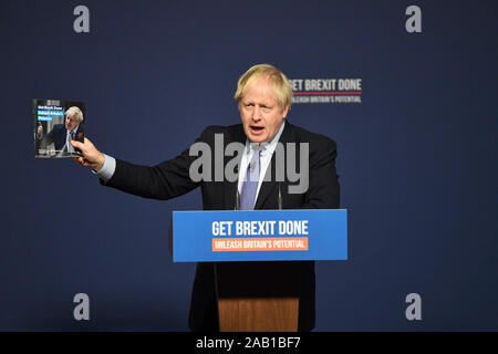 Telford. 24th Nov, 2019. British Prime Minister Boris Johnson delivers a speech at the launch of the Conservative Party election manifesto in Telford, Britain on Nov. 24, 2019. British Prime Minister Boris Johnson launched the Conservative Party's election manifesto Sunday, promising to put his 'Get Brexit Done' deal before parliament ahead of Christmas recess. Credit: Xinhua/Alamy Live News Stock Photo