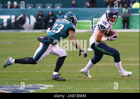 Green Bay, WI, USA. 12th Jan, 2020. Seattle Seahawks tight end Jacob  Hollister #48 lands vertically on his head after being tackled by Green Bay  Packers cornerback Jaire Alexander #23 in the