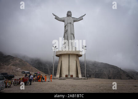Lima, Peru - Nov 17, 2019: Cristo del Pacifico monument overlooks the city of Lima Stock Photo