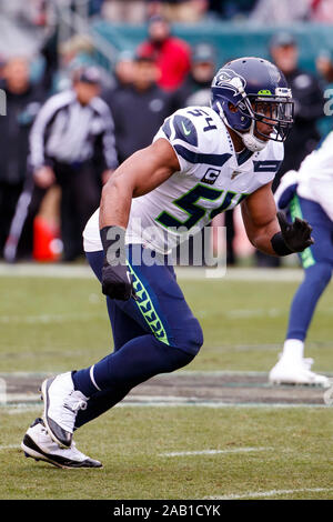 Santa Clara, United States. 12th Nov, 2019. San Francisco 49ers running  back Tevin Coleman (26) is tackled by Seattle Seahawks middle linebacker Bobby  Wagner (54) with an assist by a jersey pull