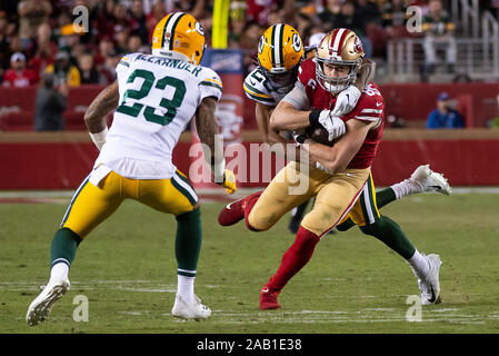 Santa Clara, CA, USA. 24th Nov, 2019. San Francisco 49ers' George Kittle (85) is tackled by Green Bay Packers' Kevin King (20) in the second quarter during a game at Levi's Stadium on Sunday, November 24, 2019 in Santa Clara. Credit: Paul Kitagaki Jr./ZUMA Wire/Alamy Live News Stock Photo