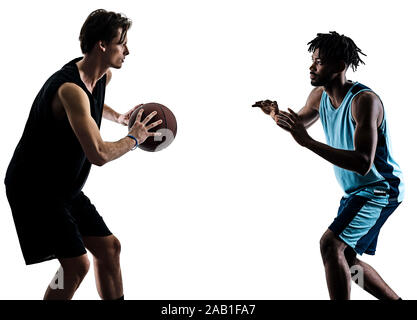 two basketball players men isolated in silhouette shadow on white background Stock Photo