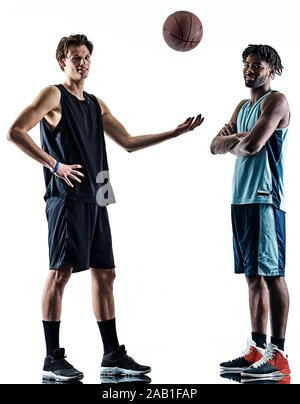 two basketball players men isolated in silhouette shadow on white background Stock Photo