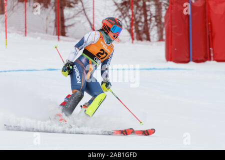 Quebec,Canada. A skier competes in the Super Serie Sports Experts Ladies slalom race held at Val Saint-Come Stock Photo