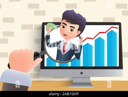Business character searching online profit vector concept. Business character in magnifier holding money for increasing of online profit sales. Vector Stock Vector