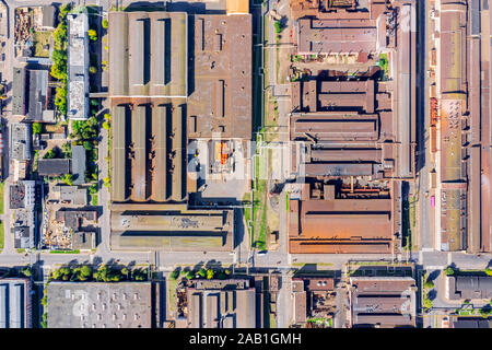 drone aerial view of industrial zone with plants, factories and warehouses. industrial background Stock Photo