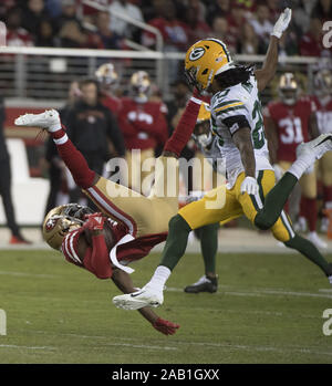 Santa Clara, United States. 24th Nov, 2019. San Francisco 49ers wide receiver Emmanuel Sanders (17) is upended by Green Bay Packers in the first quarter at Levi's Stadium in Santa Clara, California on Sunday, November 24, 2019. Photo by Terry Schmitt/UPI Credit: UPI/Alamy Live News Stock Photo