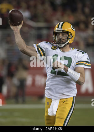 Santa Clara, United States. 24th Nov, 2019. Green Bay Packers quarterback Aaron Rodgers (12) passes against the San Francisco 49ers in the second quarter at Levi's Stadium in Santa Clara, California on Sunday, November 24, 2019. Photo by Terry Schmitt/UPI Credit: UPI/Alamy Live News Stock Photo