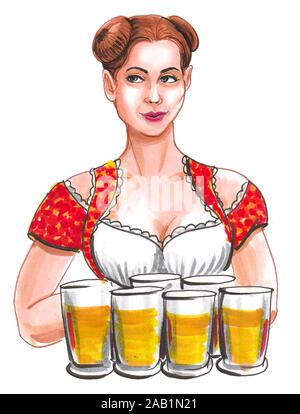 Pretty German waitress with beer mugs. Ink and watercolor illustration Stock Photo