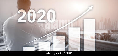 Growth in 2020 year. Business graph with arrow up. Mixed Media Corporate Background. Stock Photo