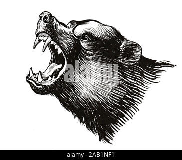 Illustration of a grizzly bear head angry growling holding basketball ...