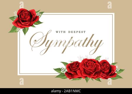 Condolences sympathy card floral red roses bouquet and lettering Stock Vector