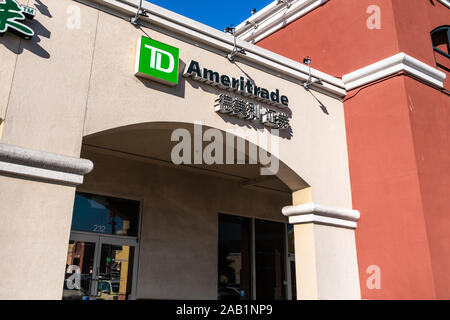 Nov 23, 2019 Milpitas / CA / USA - TD Ameritrade branch, sign also translated in Chinese, in Silicon Valley; TD Ameritrade is a broker that offers an Stock Photo