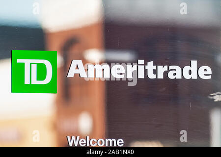 Nov 23, 2019 Milpitas / CA / USA - Close up of TD Ameritrade sign at a branch in Silicon Valley; TD Ameritrade is a broker that offers an electronic t Stock Photo