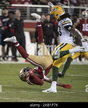 Santa Clara, United States. 24th Nov, 2019. San Francisco 49ers wide receiver Emmanuel Sanders (17) is upended by Green Bay Packers in the first quarter at Levi's Stadium in Santa Clara, California on Sunday, November 24, 2019. Photo by Terry Schmitt/UPI Credit: UPI/Alamy Live News Stock Photo