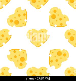 Cheese heart shape vector seamless pattern on white background. Stock Vector