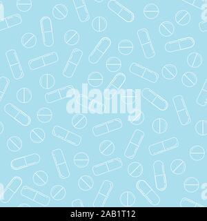 Medicine pills seamless pattern - white line art vector different circle pills and capsules on blue background. Stock Vector