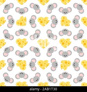 Cute mouse faces and cheese shape of heart colorful seamless pattern on white background. Stock Vector