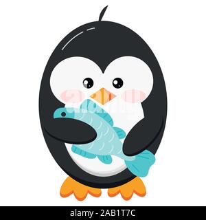 Cute penguin bird with fish in its paws isolated on white background. Stock Vector