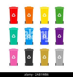 Set of colorful garbage bins with wheels. Collection of waste sorting containers isolated on white background. Flat vector illustration. Stock Vector