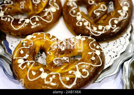 Delicious homemade pretzels in box top view Stock Photo