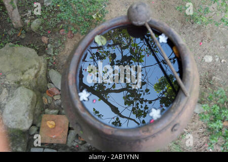 A metal pot filled with water with floating petals of flowers, and a scoop lying on the edge Stock Photo