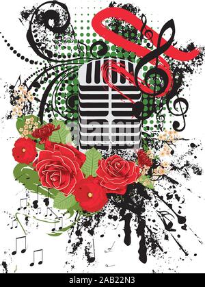 Retro style metal microphone colorful grunge illustration, music background. Stock Vector