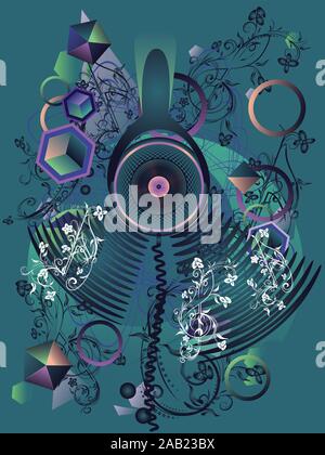 Colorful stylized music poster design with abstract headphones and geometric elements. Stock Vector