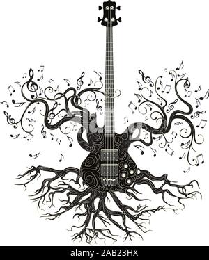 Vintage guitar silhouette with tree branches illustration. Stock Vector