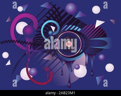 Colorful stylized music poster design with abstract headphones and geometric elements. Stock Vector