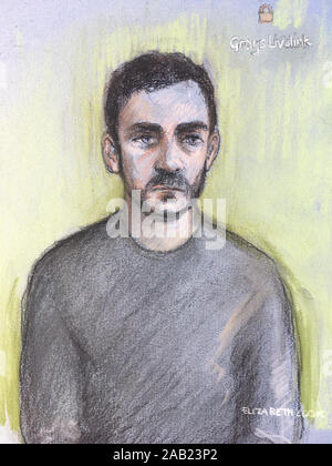 Court artist file sketch by Elizabeth Cook of lorry driver Maurice Robinson, 25, appearing by video-link at Chelmsford Magistrates' Court, Essex. Robinson, who was allegedly part of a global smuggling ring, is charged with the manslaughter of a group of men, women and children found dead in a refrigerated trailer and is due to appear at the court by video link on Monday to enter pleas. Stock Photo