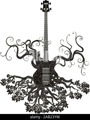 Vintage guitar silhouette with tree branches illustration. Stock Vector