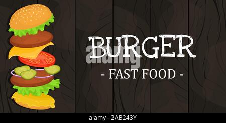 Delicious hamburger with cutlet. Vector illustration of fast food. Junk food. Stock Vector