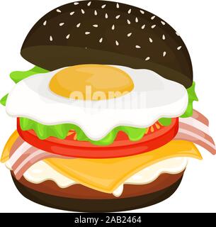 Delicious hamburger on a black bun with cutlet, scrambled eggs and bacon. Vector illustration of fast food. Junk food. Stock Vector