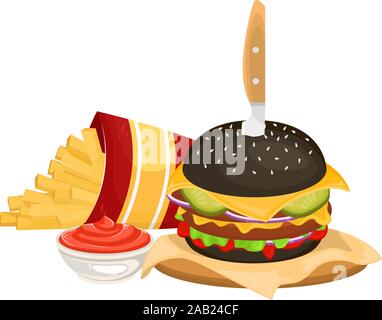 Delicious hamburger on a black bun with cutlet and  French fries in cardboard packaging with ketchup. Vector illustration of fast food. Junk food. Stock Vector