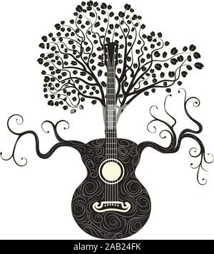 Vintage guitar silhouette with tree branches illustration. Stock Vector