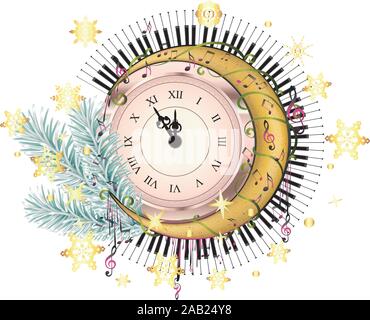Vintage style clock with crescent moon, fir tree branch and music notes design. Stock Vector