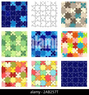 Set of seamless puzzle patterns of different colors. Endless texture can be used for wallpaper, pattern fills, web page background, surface textures. Stock Vector