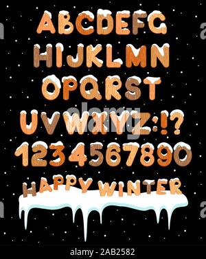 ABC set of latin letters, numbers and symbols with wooden texture and snow caps. Childish cartoon alphabet with ice caps for Christmas and winter seas Stock Vector