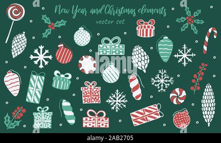 Vector hand drawn big set of New Year and Christmas gift box, ornament, candy, lollipop, cone, snowflake and holly berry. Decorative design elements o Stock Vector
