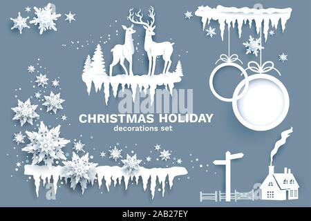 Snowflakes, stars, ice, sphere and deer Stock Vector