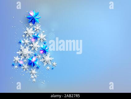 Tree realistic paper cut snowflakes and stars Stock Vector