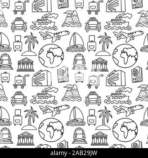 illustration of the black and white travel seamles pattern of resort, cruise and transport Stock Vector