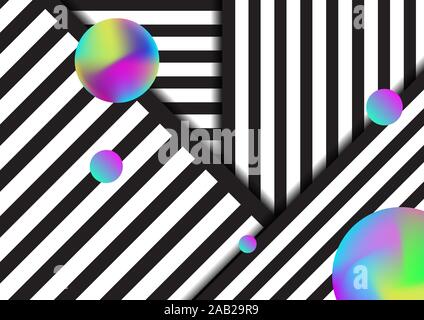 Abstract stripe black and white lines pattern background with circles fluid vibrant color elements. Vector illustration Stock Vector