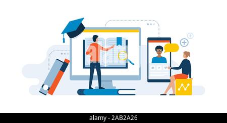 Academic students learning online on computer and smartphone: e-learning and online courses concept Stock Vector